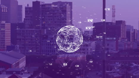 Animation-of-illuminated-numbers-around-rotating-globe-over-modern-cityscape-against-sky