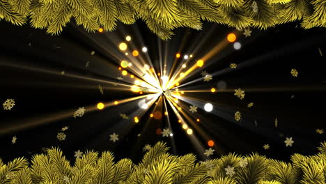 Animation-of-christmas-tree-branch-and-fireworks-over-snow-falling-background