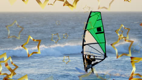 Animation-of-stars-over-caucasian-man-doing-windsurfing-in-sea