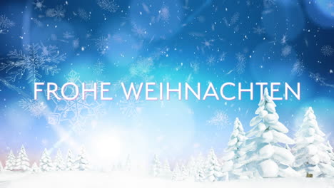 Animation-of-frohe-wihnachten-text-over-winter-scenery-background