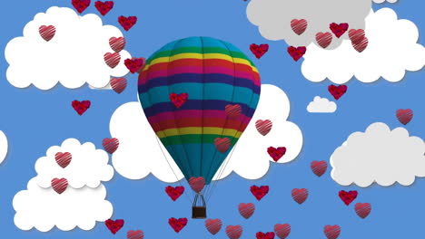Animation-of-heart-emojis,-hot-air-balloons-and-clouds-over-blue-background