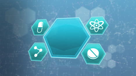 Animation-of-icon-in-hexagons-over-connected-dots-against-blue-background