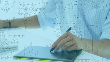 Animation-of-mathematical-equation-and-diagrams,-caucasian-man-using-computer-and-graphics-tablet