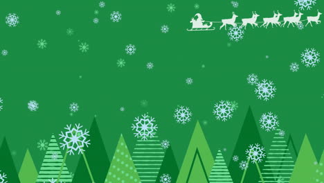Animation-of-snowflakes,-santa-riding-sleigh-with-reindeers-and-trees-against-green-background