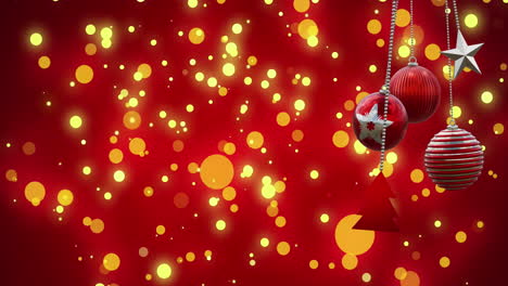 Animation-Von-Lichtpunkten-über-Weihnachtskugeln-Auf-Rotem-Hintergrund