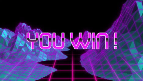 Animation-Von-„You-Win“-Text-über-Bergen-Auf-Gittermuster-Vor-Schwarzem-Hintergrund