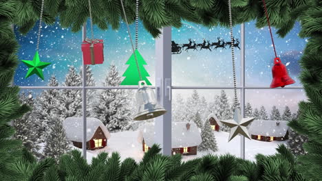 Animation-of-christmas-bauble-decorations-over-window-in-winter-scenery-background