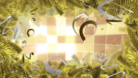 Animation-of-gold-and-silver-streamers-with-mirror-ball-background