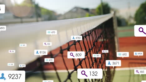 Animation-of-changing-numbers,-icons-in-notification-bars-over-tennis-ball-colliding-with-net