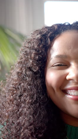 Vertical-video-half-portrait-of-happy-african-american-woman-with-curly-hair-smiling-in-sunny-room