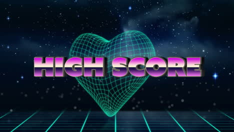 Animation-of-high-score-text,-triangles-and-grid-pattern-heart-against-space-in-background