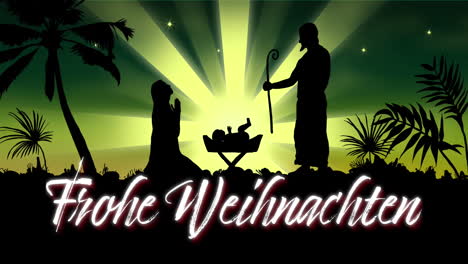 Animation-of-frohe-wihnachten-text-over-nativity-scene-on-green-background