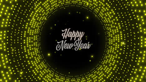 Animation-of-happy-new-year-text-over-glowing-yellow-circles-on-black-background