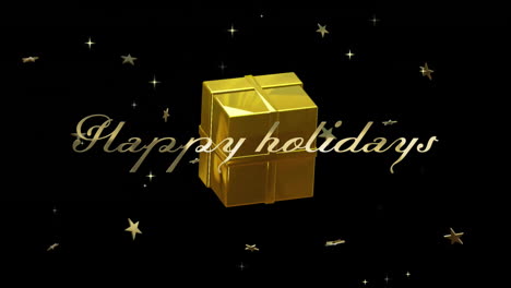Animation-of-happy-holidays-text-with-golden-gift-box-and-stars-rotating-on-black-background