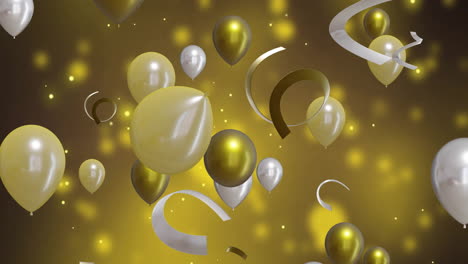 Animation-Von-Goldenen-Und-Silbernen-Luftballons-Mit-Party-Luftschlangen-Auf-Gelbem-Hintergrund