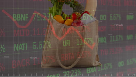Animation-of-trading-board-and-graph-over-shopping-bag-with-fresh-vegetables