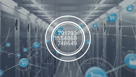 Animation-of-changing-numbers-in-circles,-connected-icons-over-data-server-room