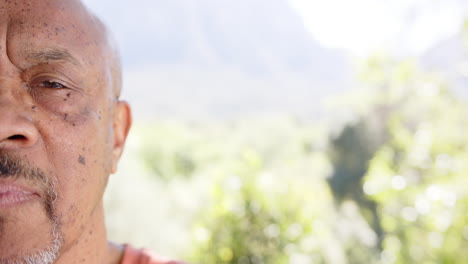 Half-portrait-of-happy-bald-senior-african-american-man-in-sunny-nature,-copy-space,-slow-motion