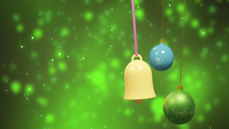 Animation-of-christmas-baubles-over-snow-falling-on-green-background