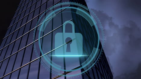 Animation-of-cyber-security-text,-padlock-in-circles,-low-angle-view-of-buildings-against-cloudy-sky