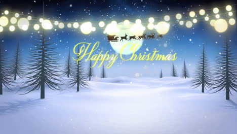 Animation-of-happy-christmas-text,-trees-on-snow-covered-land,-santa-riding-sleigh-with-reindeers