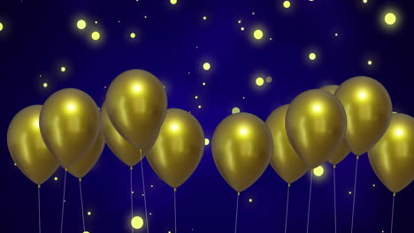 Animation-of-gold-balloons-with-glowing-lights-on-blue-background