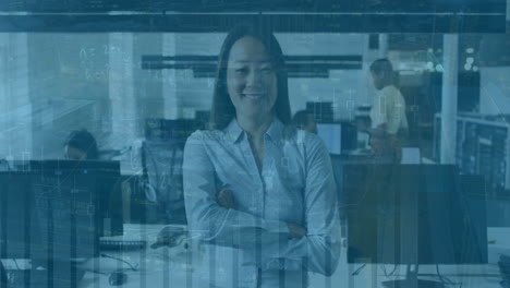 Animation-of-multiple-graphs-over-smiling-asian-woman-standing-arms-crossed-in-office