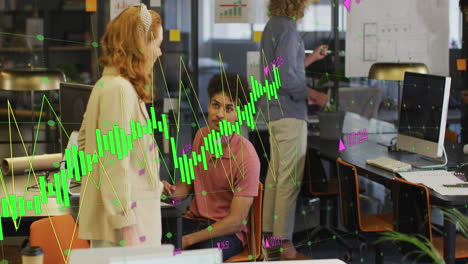Animation-of-graphs-with-changing-numbers-over-diverse-coworkers-discussing-on-desk-in-office