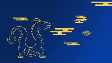 Animation-of-dragon-symbol-and-chinese-pattern-on-blue-background