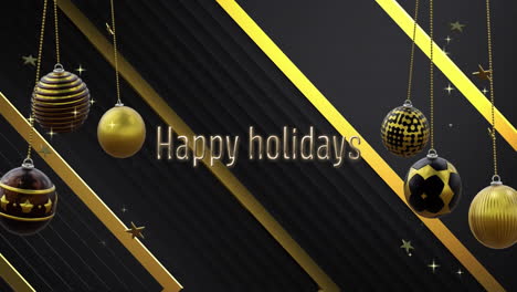 Animation-of-happy-holidays-text-with-baubles-and-stars-on-abstract-background