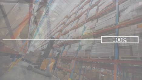 Animation-of-changing-numbers-in-bar-and-line-over-low-angle-view-of-cardboard-boxes-in-warehouse