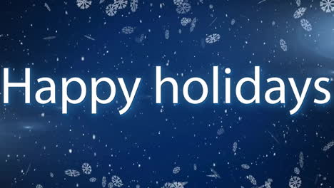 Animation-of-happy-holidays-text-over-snow-falling-in-christmas-blue-background