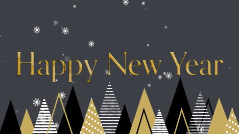 Animation-of-happy-new-year-text-over-christmas-trees-on-grey-background