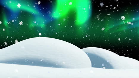 Animation-of-snow-falling-and-aurora-borealis-in-christmas-winter-scenery-background