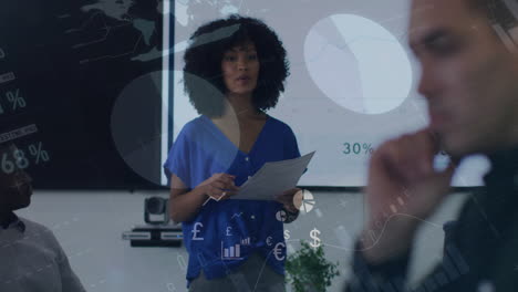 Animation-of-infographic-interface-and-african-american-businesswoman-giving-presentation-in-office