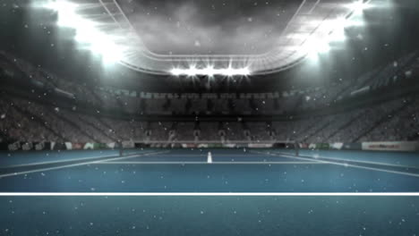 Animation-of-snowfall-over-tennis-court-and-lights-on-roof-of-stadium-against-cloudy-sky