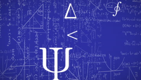 Animation-of-mathematical-symbols,-sums-and-drawings-over-blue-background