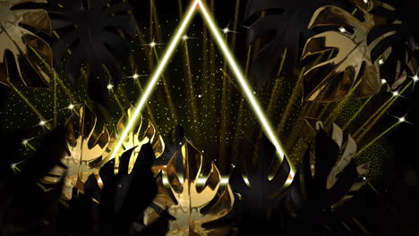Animation-of-gold-leaves-and-pattern-and-fireworks-on-black-background