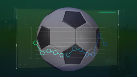 Animation-of-circular-graph-over-soccer-ball-rotating-on-abstract-background