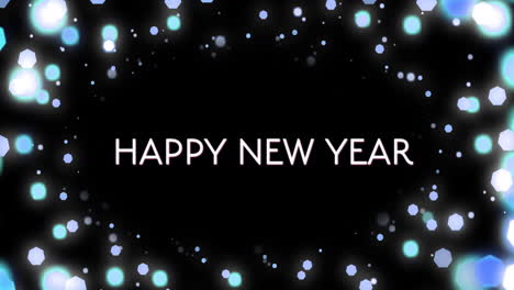 Animation-of-happy-new-year-text-over-spots-of-light-on-black-background