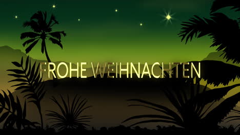 Animation-of-frohe-wihnachten-text-over-tropical-scenery-on-green-background