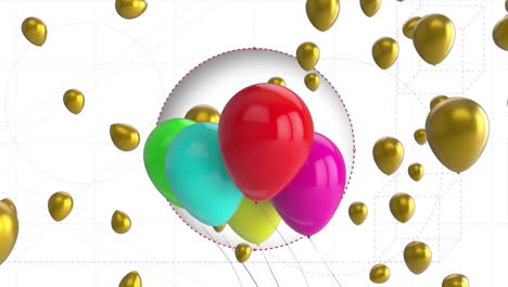 Animation-of-multicolored-balloons-and-slicer-cutting-circle-over-white-background