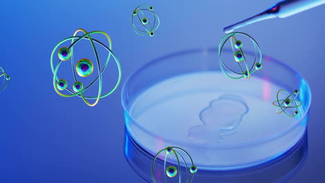 Animation-of-atoms-over-laboratory-dish-on-blue-background