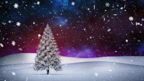 Animación-Del-árbol-De-Navidad,-Nieve-Cayendo-Y-Aurora-Boreal-En-El-Fondo-Del-Paisaje-Invernal-De-Navidad