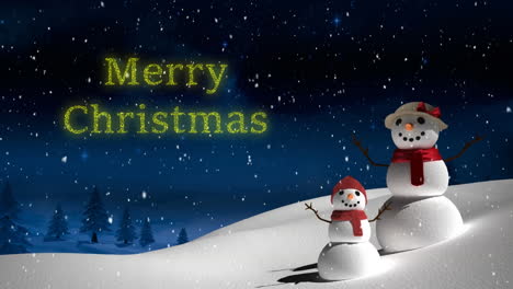 Animation-of-merry-christmas-text-over-snowmen-in-winter-background