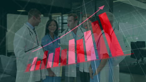 Animation-of-arrow-on-growing-graph-over-diverse-doctors-discussing-in-hospital
