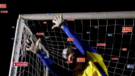 Animation-of-multiple-notification-bars-over-biracial-goalkeeper-failing-to-stop-goal