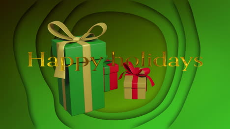 Animation-of-happy-holidays-text-with-gift-boxes-rotating-on-green-abstract-background