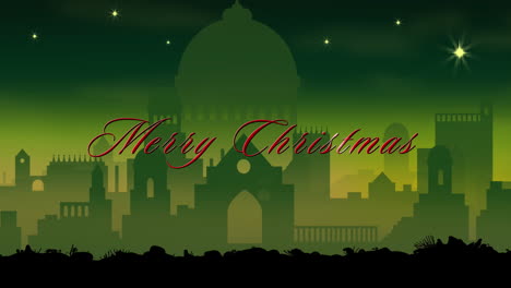 Animation-of-merry-christmas-text-over-city-on-green-background