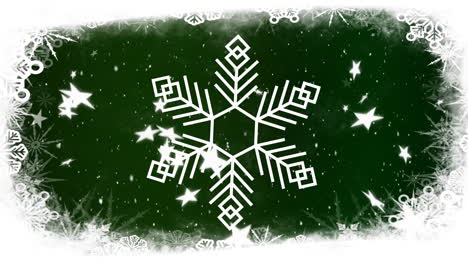 Animation-of-snow-flake-over-snow-falling-on-green-background